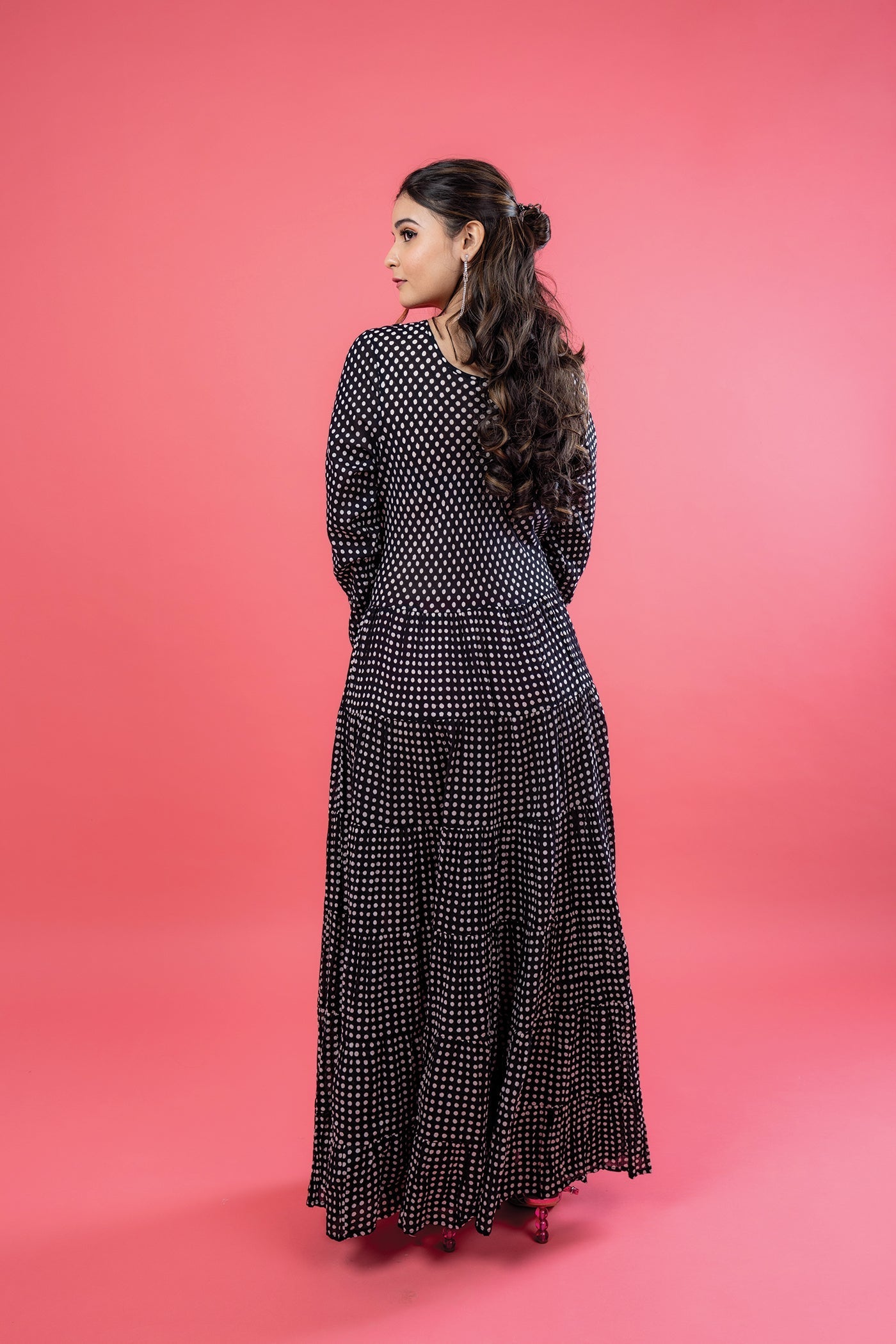 Santa Fe Dress - Hand Block Print Black Polka Dot Mulmul Flare Long Dress The Royal Gramma
