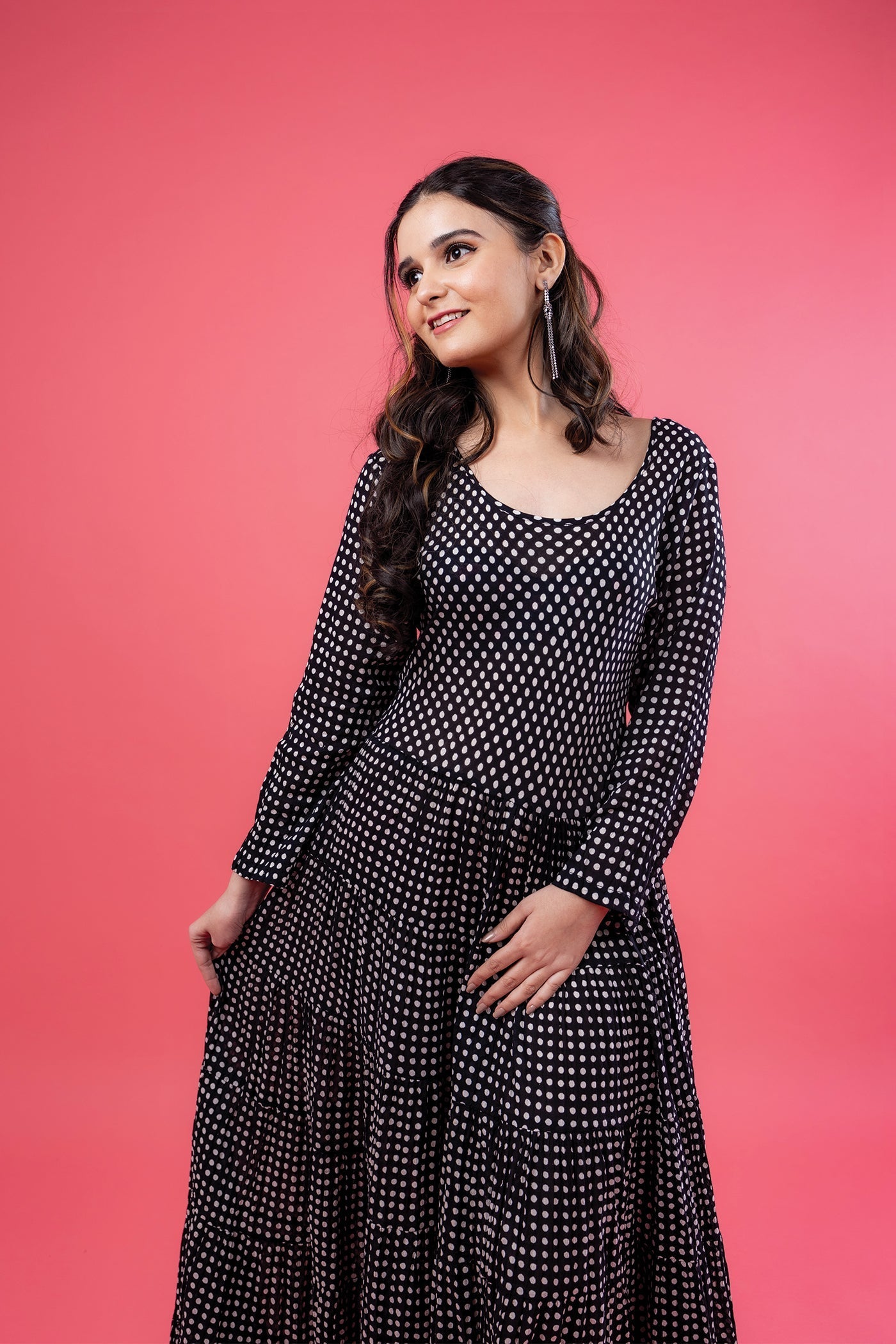 Santa Fe Dress - Hand Block Print Black Polka Dot Mulmul Flare Long Dress The Royal Gramma