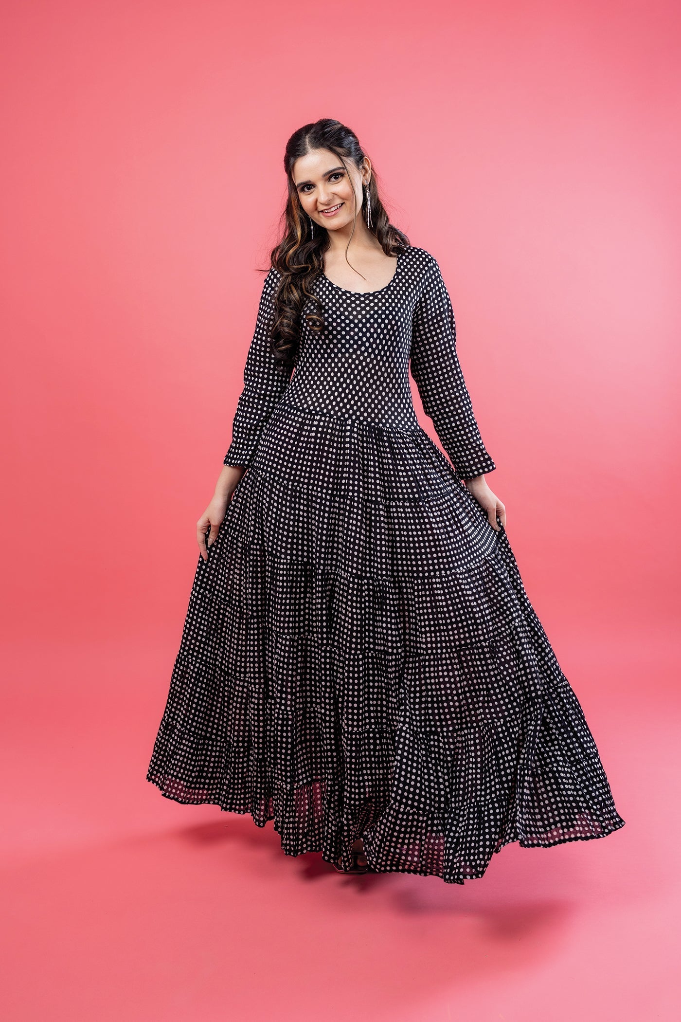 Santa Fe Dress - Hand Block Print Black Polka Dot Mulmul Flare Long Dress The Royal Gramma
