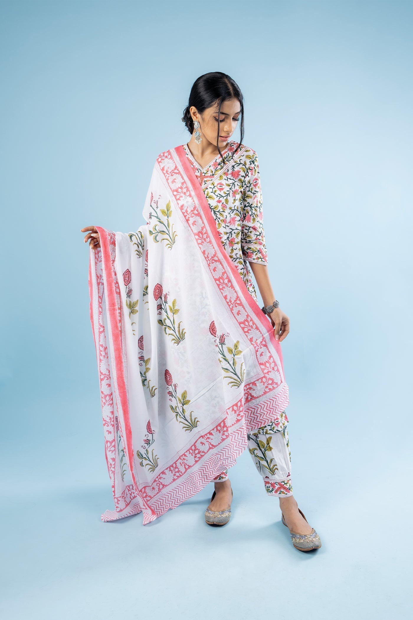 Sukha - Hand Block Print Pink Poppy Butta Cotton Straight Suit Set with Dupatta - Set of 3 The Royal Gramma