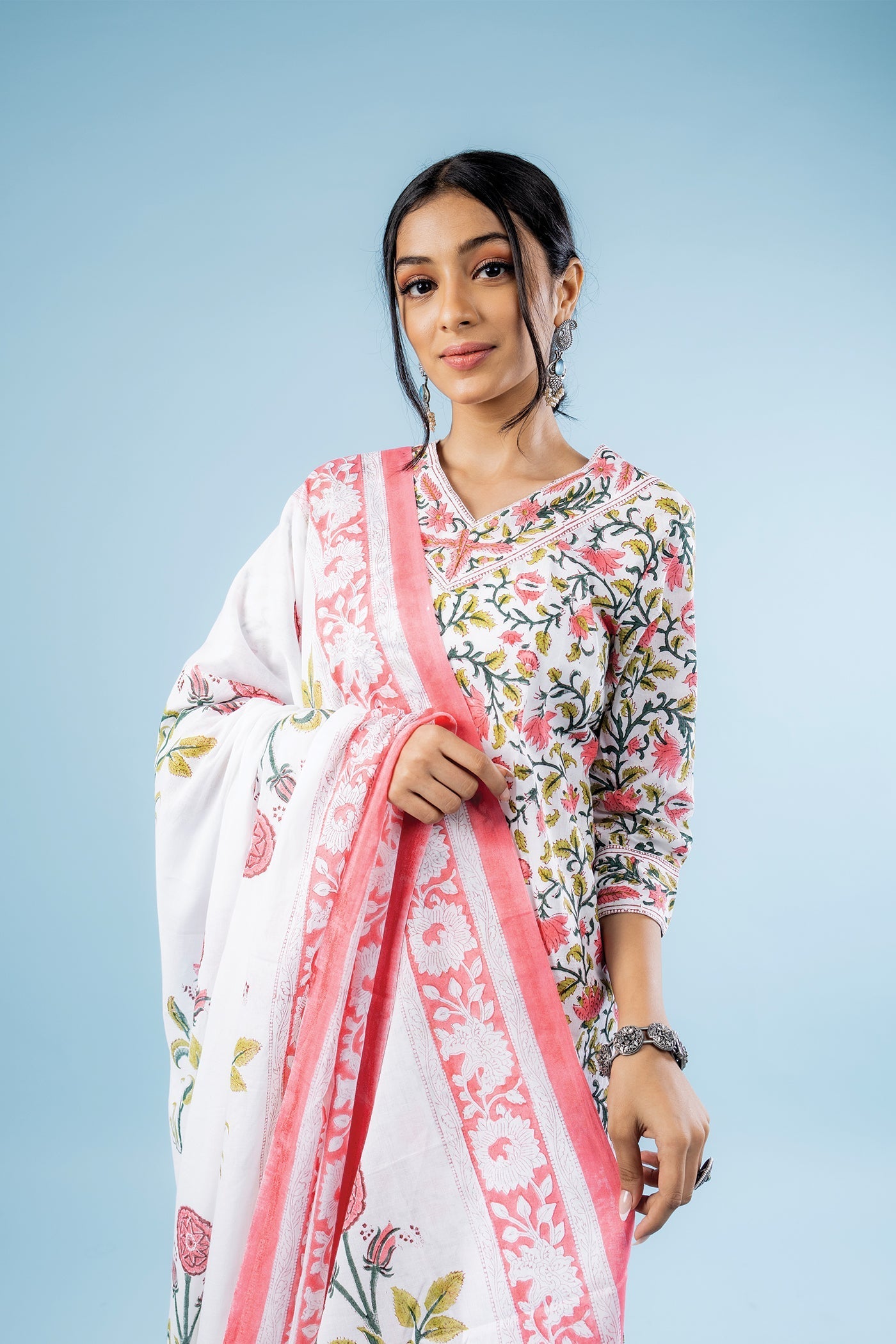 Sukha - Hand Block Print Pink Poppy Butta Cotton Straight Suit Set with Dupatta - Set of 3 The Royal Gramma