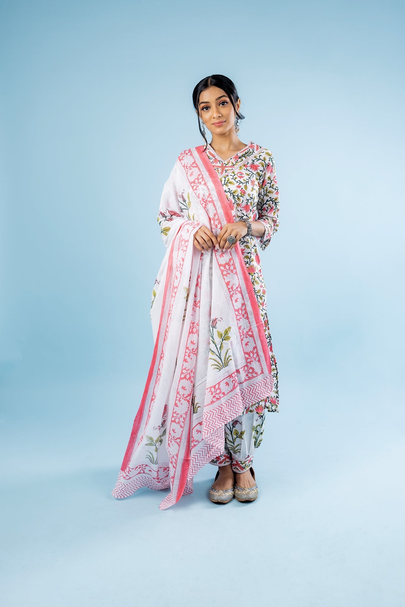 Sukha - Hand Block Print Pink Poppy Butta Cotton Straight Suit Set with Dupatta - Set of 3 The Royal Gramma