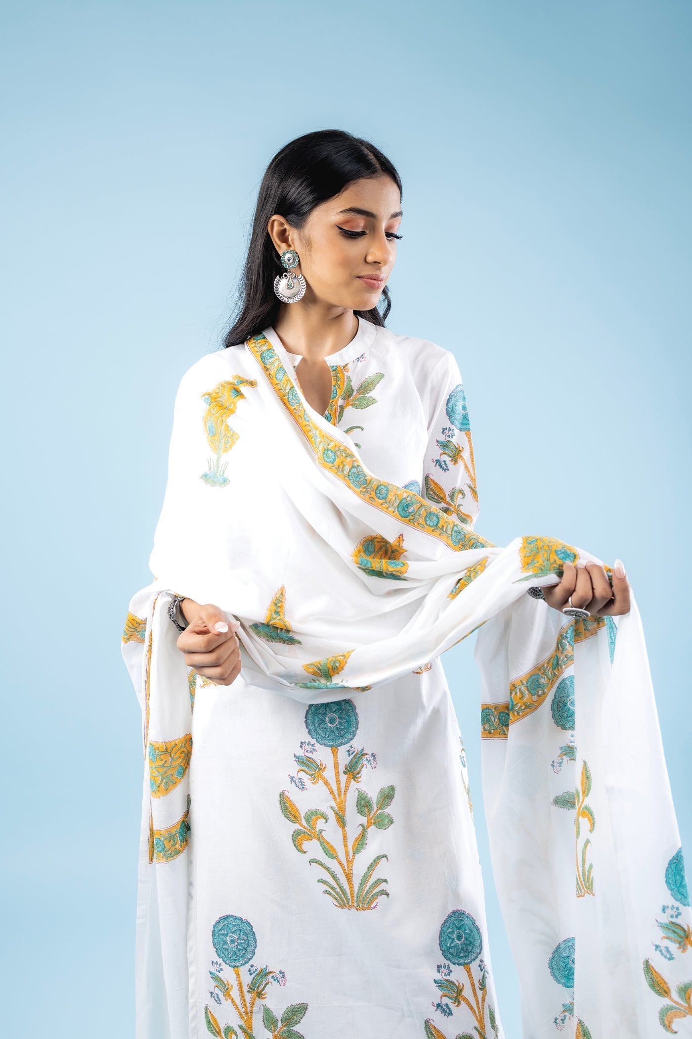 Sukha - Hand Block Print Turquoise Blue Poppy Butta Cotton Straight Suit Set with Dupatta - Set of 3 The Royal Gramma