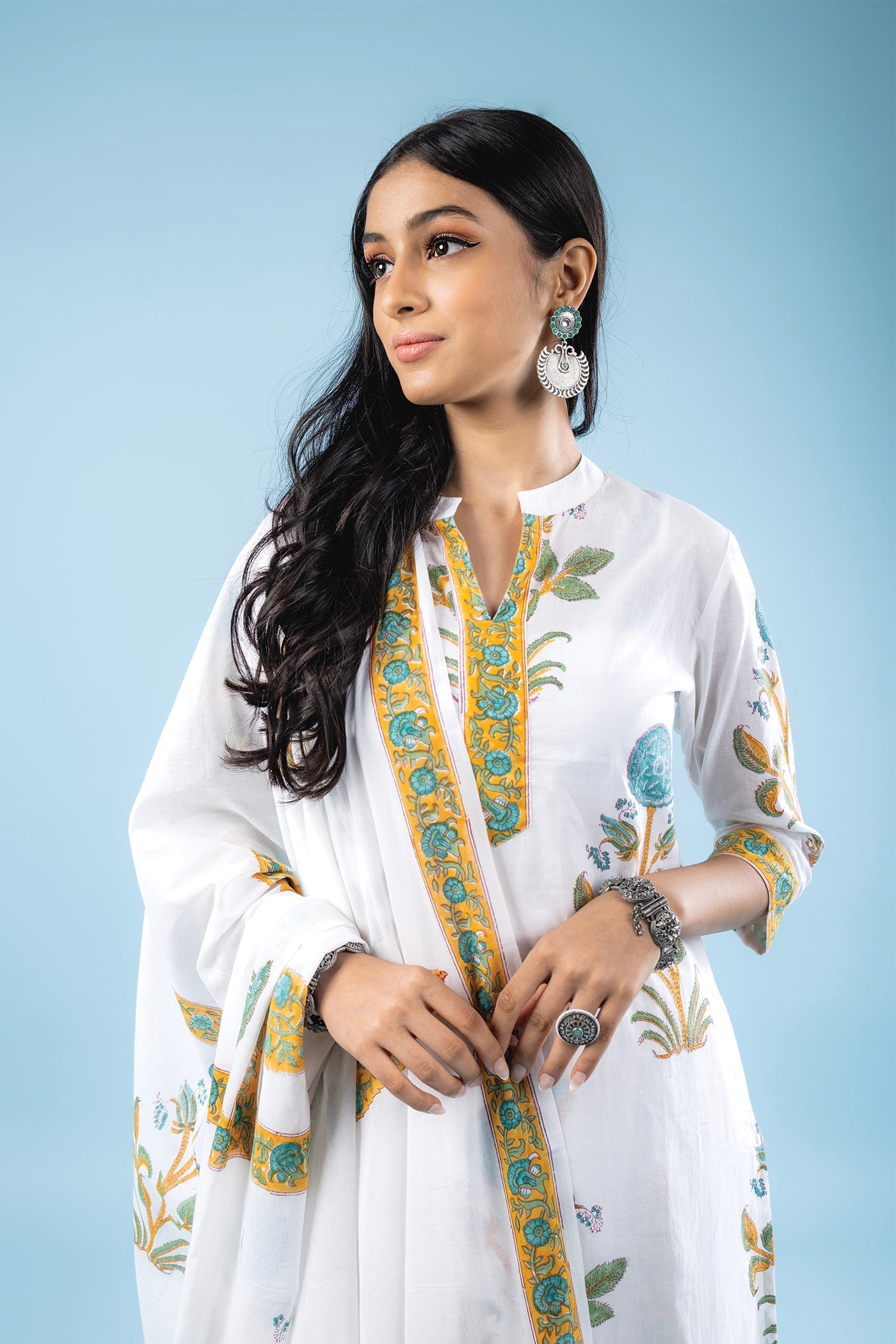 Sukha - Hand Block Print Turquoise Blue Poppy Butta Cotton Straight Suit Set with Dupatta - Set of 3 The Royal Gramma