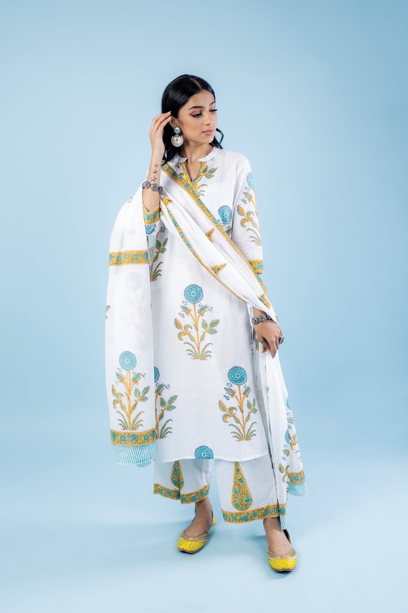 Sukha - Hand Block Print Turquoise Blue Poppy Butta Cotton Straight Suit Set with Dupatta - Set of 3 The Royal Gramma