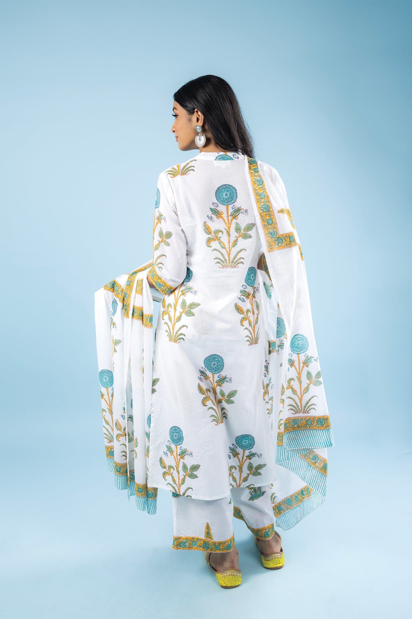 Sukha - Hand Block Print Turquoise Blue Poppy Butta Cotton Straight Suit Set with Dupatta - Set of 3 The Royal Gramma