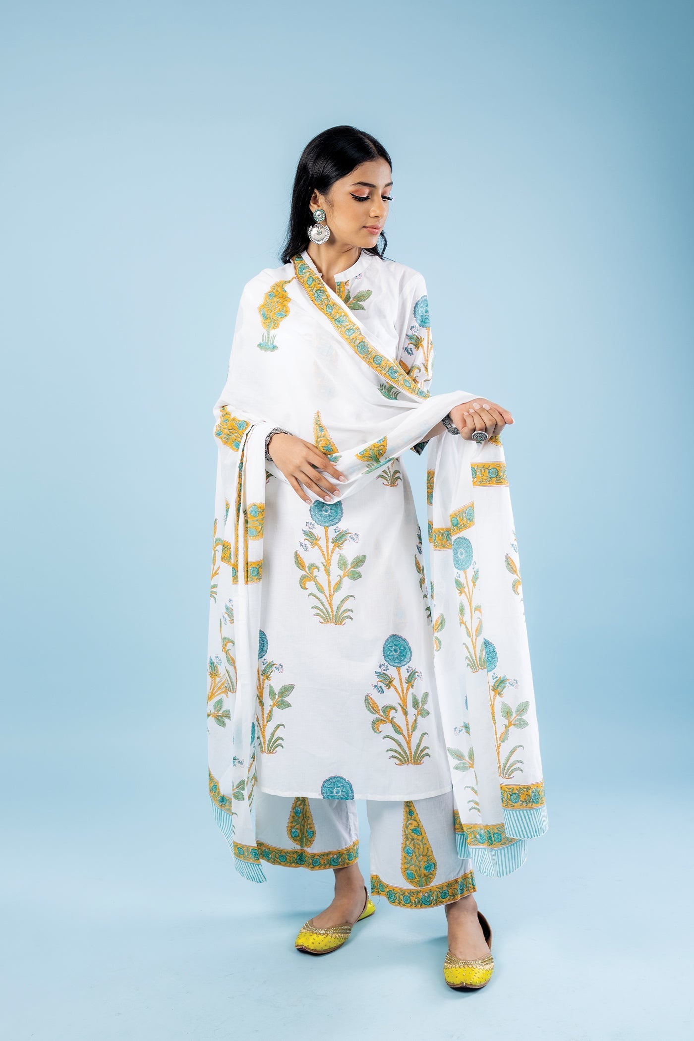 Sukha - Hand Block Print Turquoise Blue Poppy Butta Cotton Straight Suit Set with Dupatta - Set of 3 The Royal Gramma