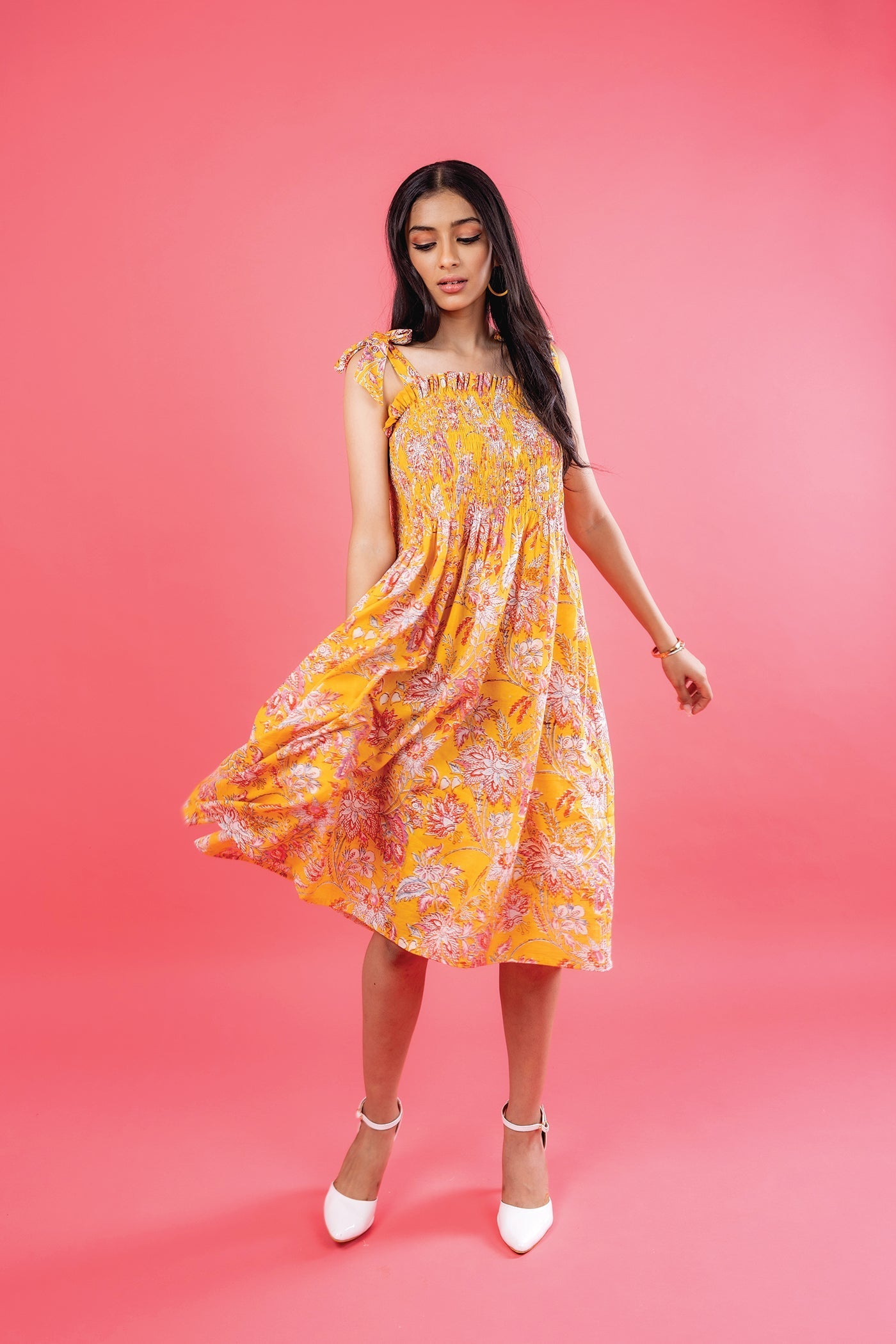 Sun Dress - Hand Block Print Sun Yellow Mulmul Smocked Midi Dress The Royal Gramma