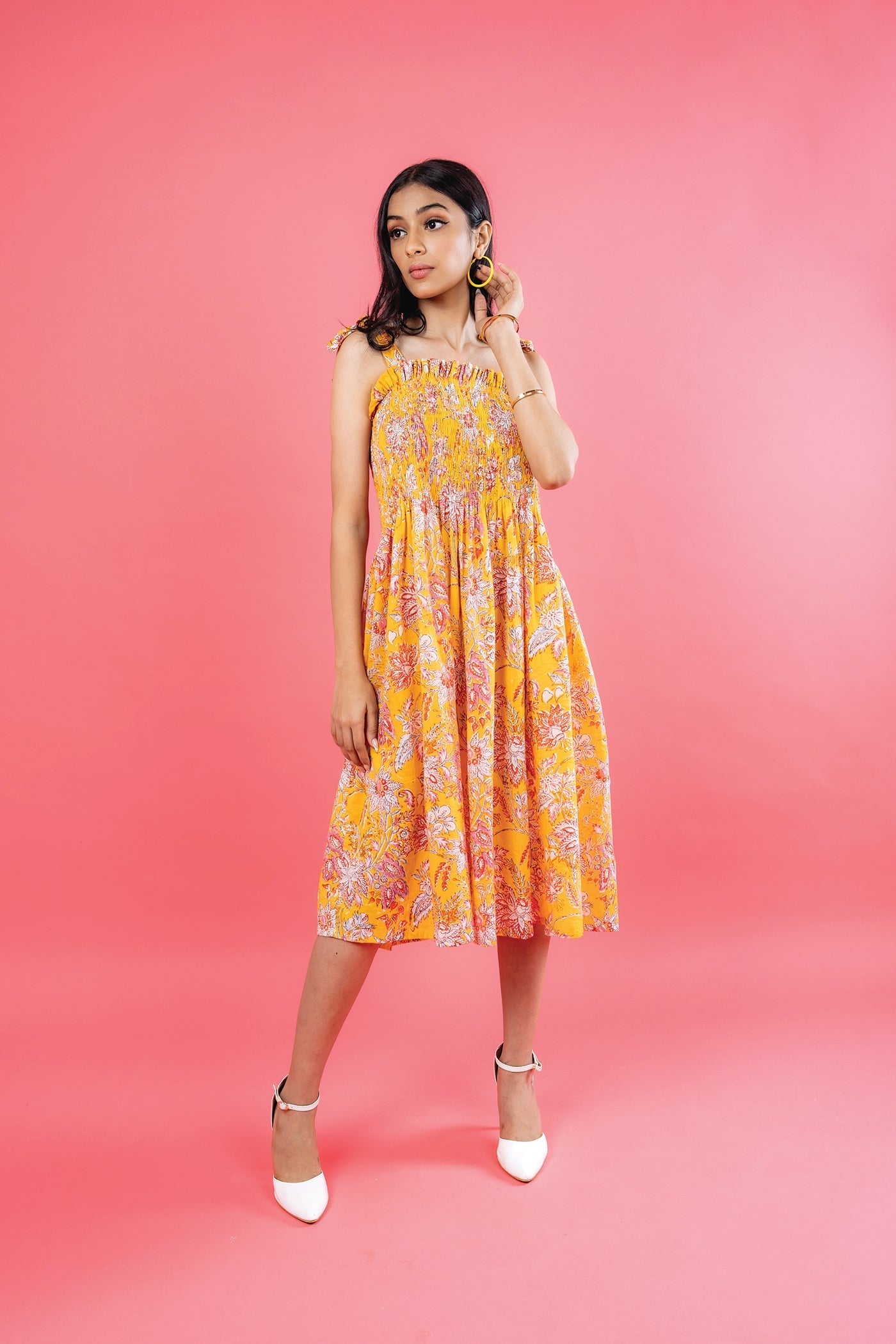 Sun Dress - Hand Block Print Sun Yellow Mulmul Smocked Midi Dress The Royal Gramma