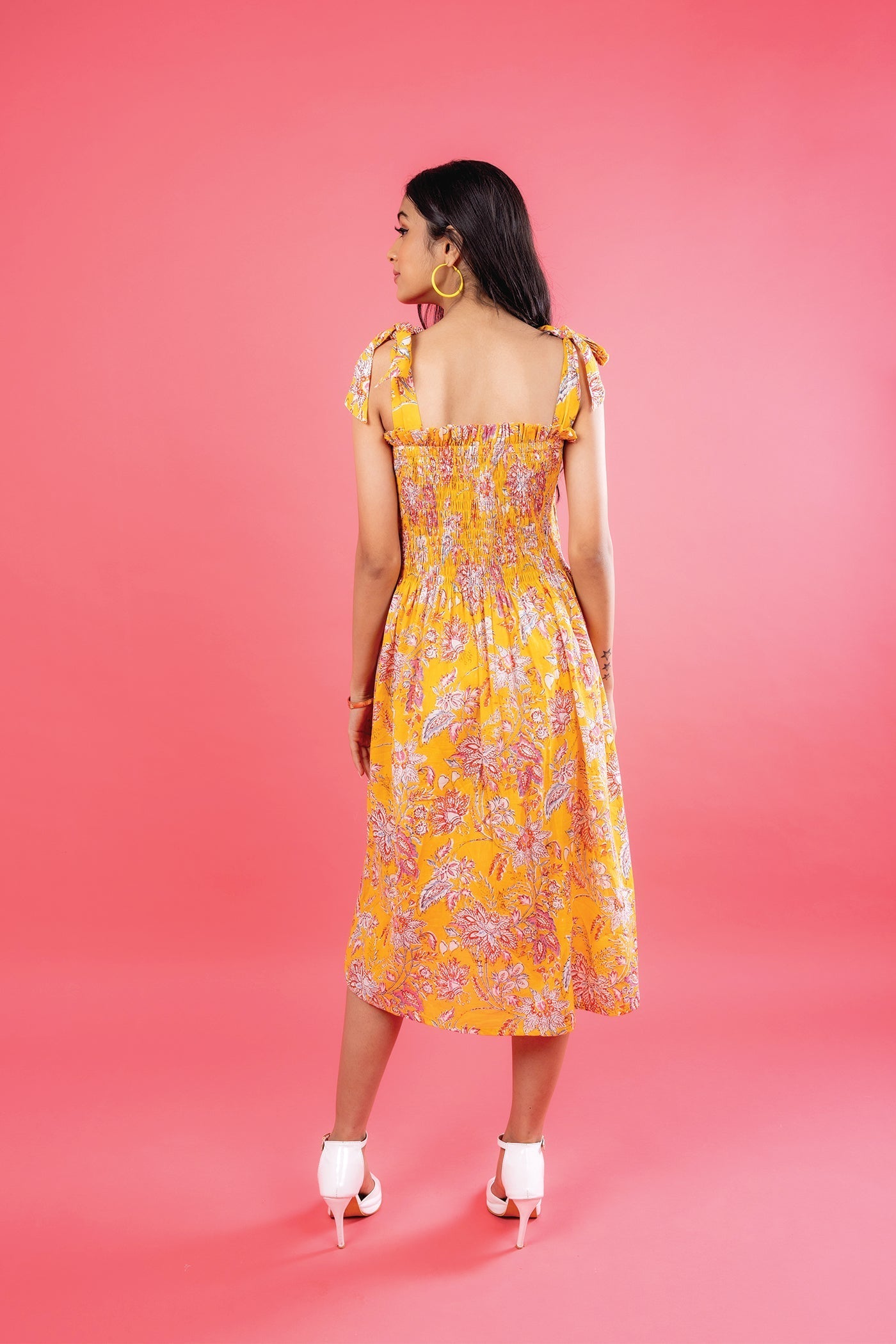 Sun Dress - Hand Block Print Sun Yellow Mulmul Smocked Midi Dress The Royal Gramma