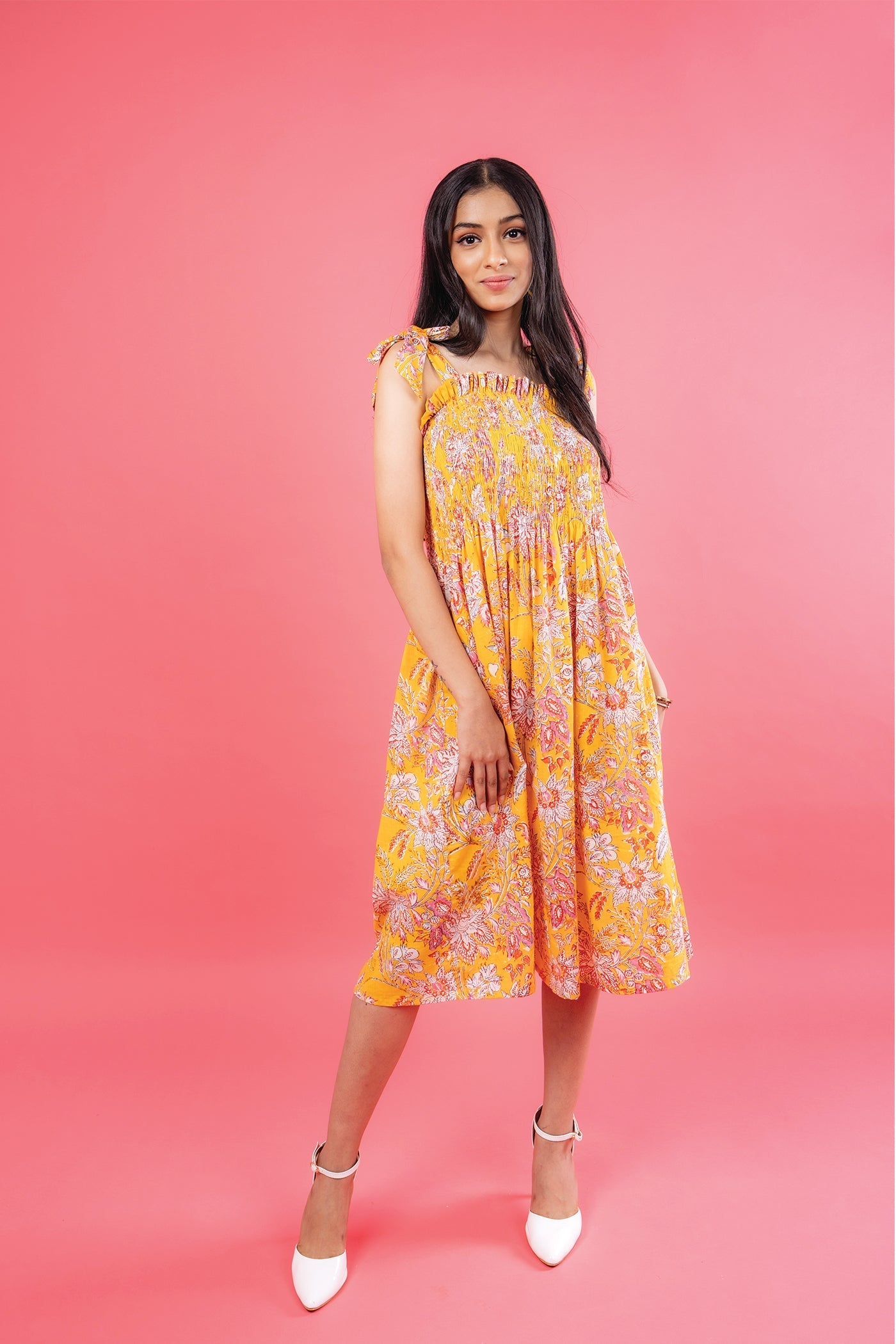 Sun Dress - Hand Block Print Sun Yellow Mulmul Smocked Midi Dress The Royal Gramma