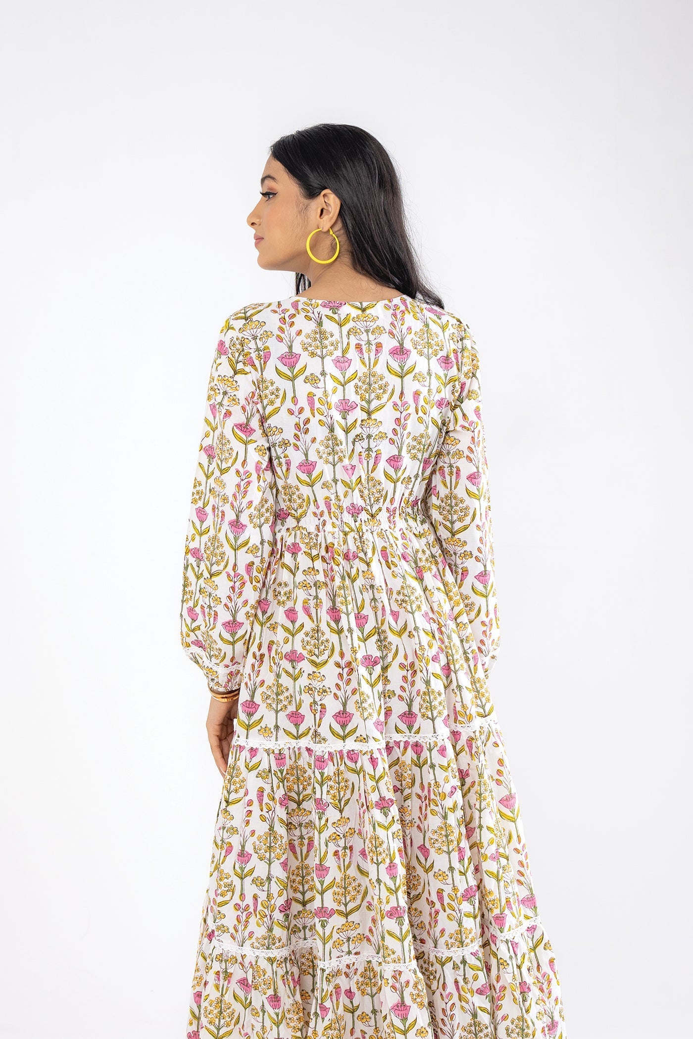 Tulip Garden - Hand Block Print Cotton Flare Long Dress The Royal Gramma