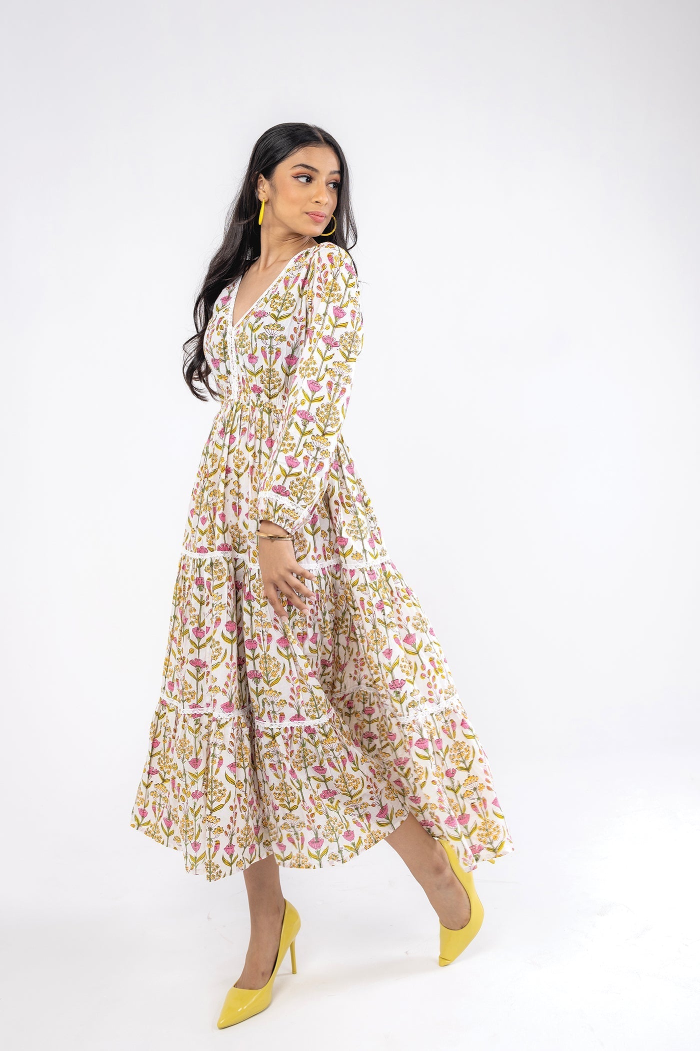 Tulip Garden - Hand Block Print Cotton Flare Long Dress The Royal Gramma