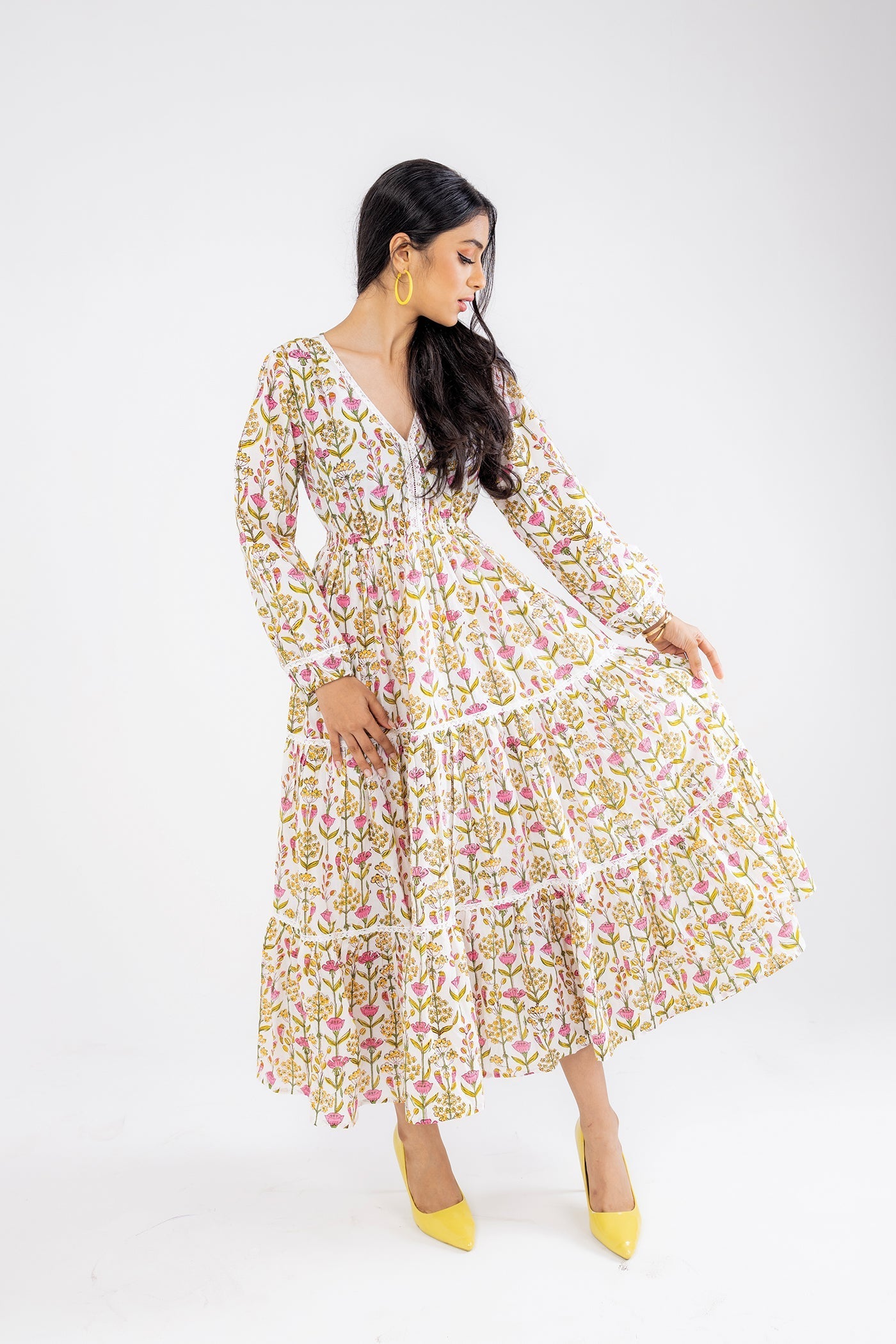 Tulip Garden - Hand Block Print Cotton Flare Long Dress The Royal Gramma