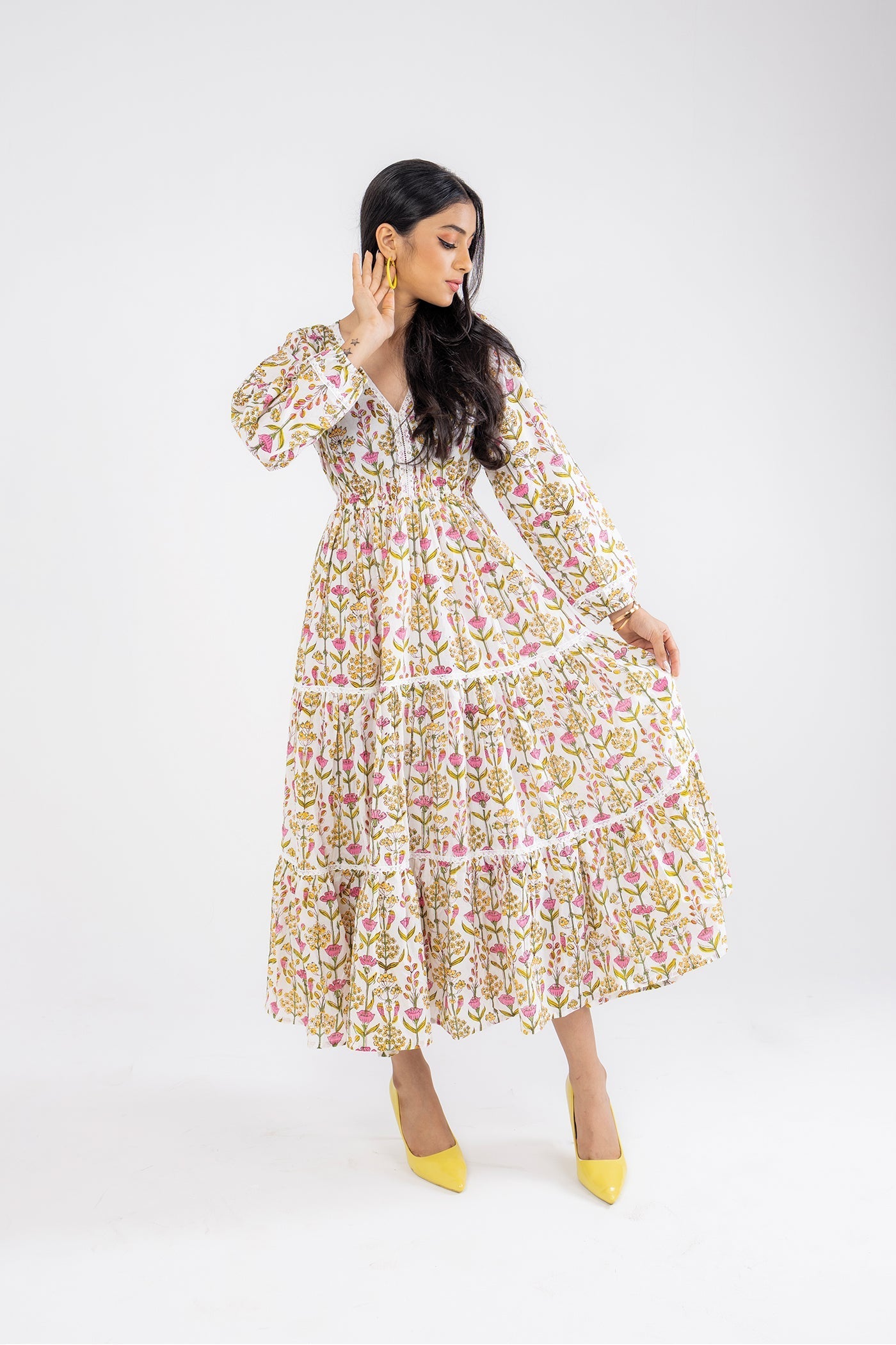 Tulip Garden - Hand Block Print Cotton Flare Long Dress The Royal Gramma